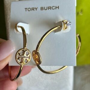 Tory Burch Gold tone Logo Open Hoop Earrings